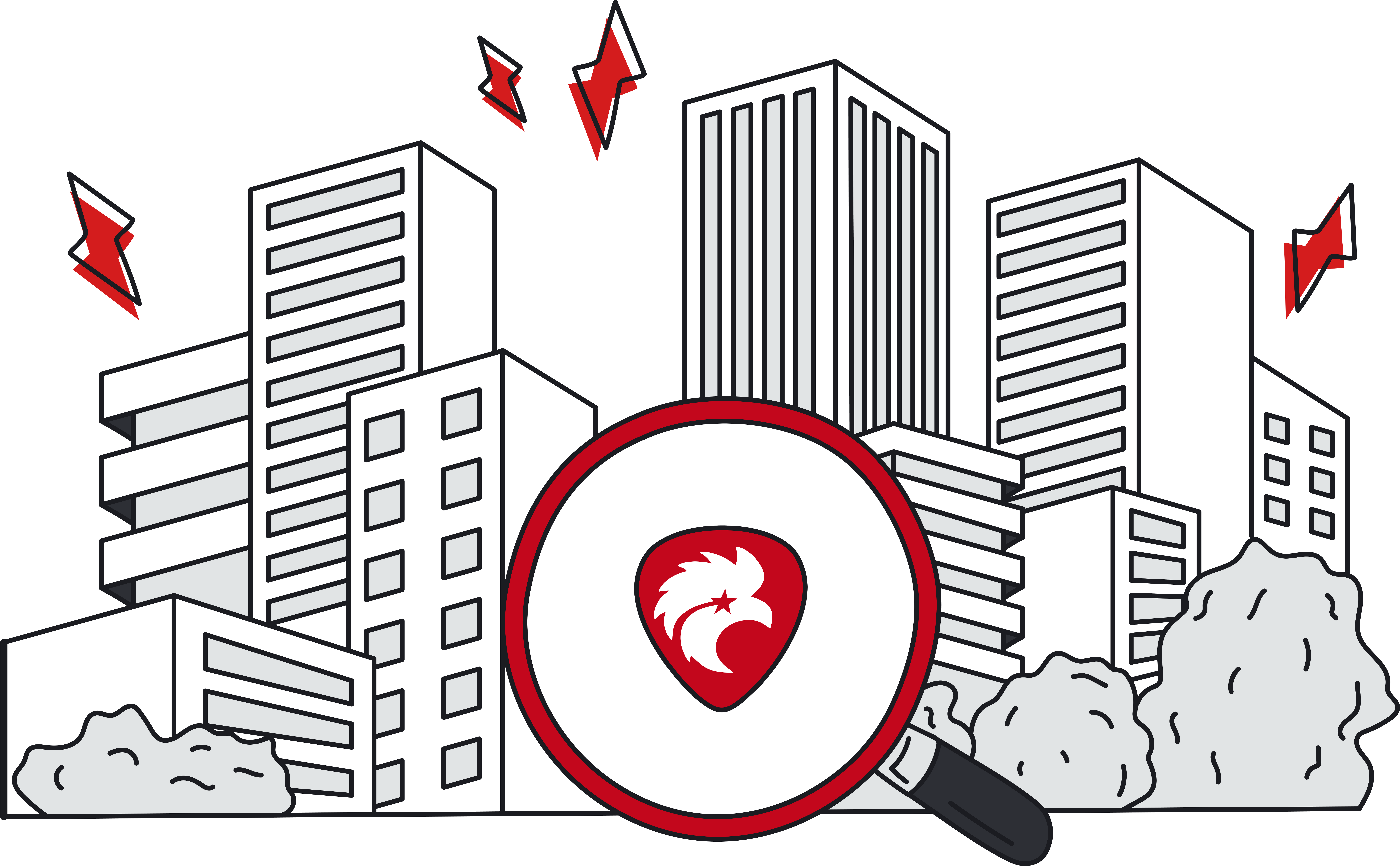 magnifying glass and buildings